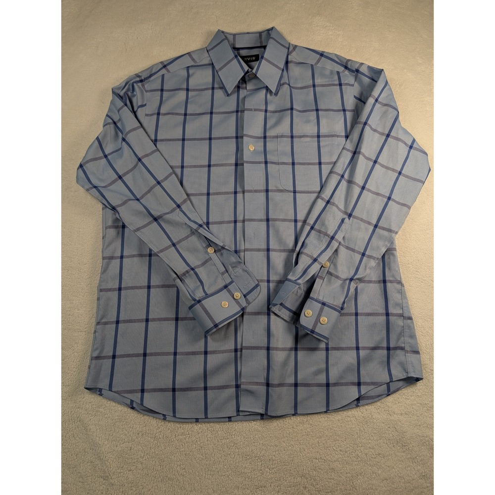 Orvis Mens Wrinkle Free Blue Windowpane Check Button Down Shirt Large